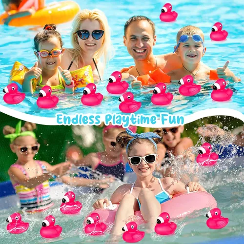 Miniatura 5 de Patos de goma flamencos para niños, 24 juguetes de baño de pato flamenco rosa, lindos patos de goma flotantes chirriantes para baby shower