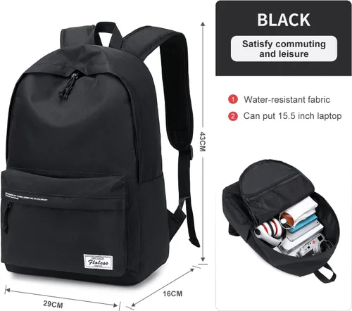 Miniatura 3 de Mochila escolar negra, bonita mochila para la escuela, adolescentes, niños, mochila ligera para mujeres y hombres, Negro, Mochilas Daypack