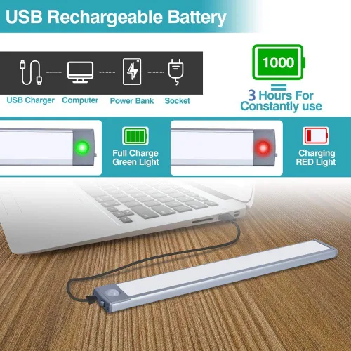Miniatura 3 de Luz para debajo del gabinete con sensor de movimiento de 10 pulgadas, 7000 K, 1500 mAh, USB-C, recargable, magnética, inalámbrica, instalación sin