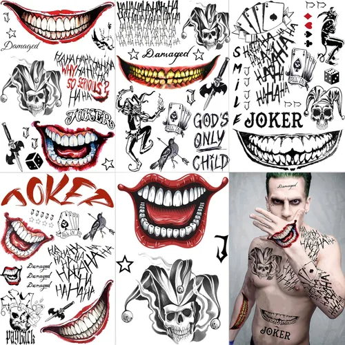 Miniatura 8 de VANTATY 6 hojas de tatuajes 3D Joker para hombres, adultos y mujeres, tatuajes temporales de Halloween para mujeres, niñas, niños, calcomanías de B