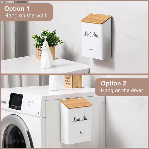 Miniatura 3 de SUBEKYU Contenedor magnético de pelusa con tapa de bambú y soporte para hojas de secadora para lavandería, cubo de basura de metal con tapa y caja