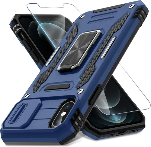 Miniatura 150 de DEERLAMN Funda para iPhone Xs Max con funda deslizante para cámara + protector de pantalla, soporte giratorio de anillo de grado militar a prueba