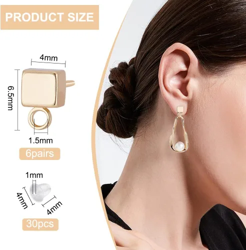 Miniatura 2 de BENECREAT 12 piezas de aretes de latón chapado en oro de 14 quilates de 0.031 in, con bucles horizontales y 30 tuercas de plástico para Perno de cubo