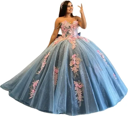Mauuwy Vestidos de quinceañera con hombros descubiertos, vestido de baile de tul hinchado dulce 16 vestidos largos de encaje brillante vestido de