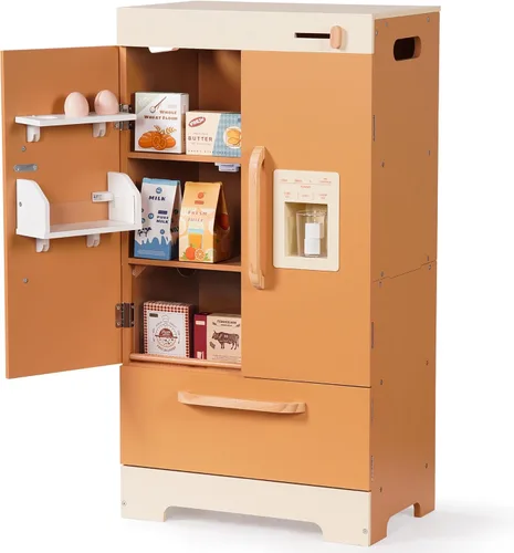 ROBOTIME Refrigerador de madera para niños, refrigerador de cocina de juguete para niños pequeños, refrigerador de juguete con máquina de hielo y