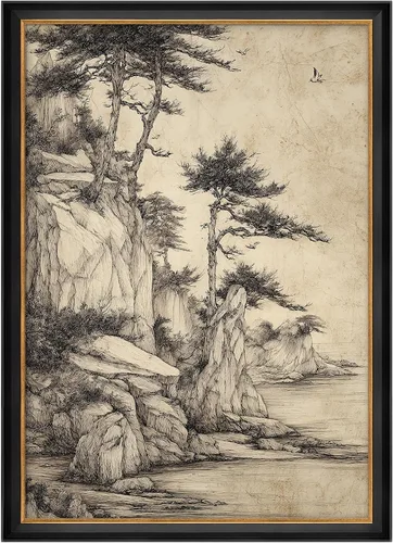 Miniatura 156 de MUDECOR Lienzo enmarcado prémium para pared, pinos nevados en bosque de invierno, ilustraciones modernas, arte contemporáneo, escénico, divertido