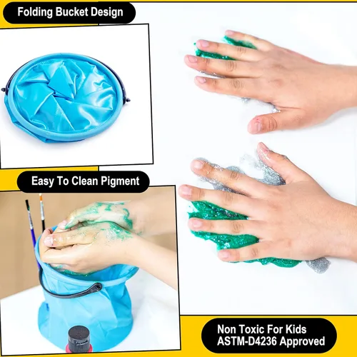 Miniatura 5 de JOYIN Juego de 12 pinturas de témpera lavables para niños (2 onzas cada uno), 6 pinceles, 2 paletas y 1 cubo de lavado elástico, pintura líquida