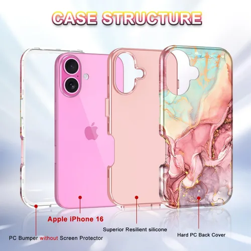 Miniatura 2 de Btscase Funda para iPhone 16 (2024), [probada en caídas de grado militar] Diseño de patrón de mármol delgado, resistente, a prueba de golpes