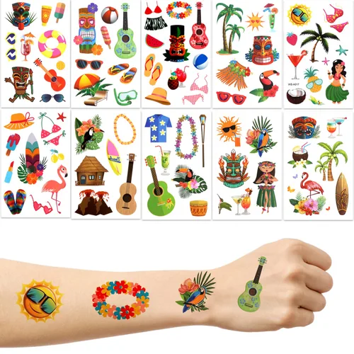 LOMIMOS 80 tatuajes temporales hawaianos con temática de Luau, tropical de verano, playa, piscina, fiesta, calcomanías para niños y adultos (10