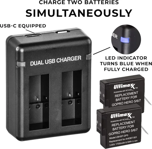 Miniatura 6 de Ultimaxx Cargador de batería USB dual para GoPro HERO 5, 6, 7 y 8 baterías con 2 baterías de repuesto de vida prolongada (1700 mAh, 3,85 V, 6,5 Wh)