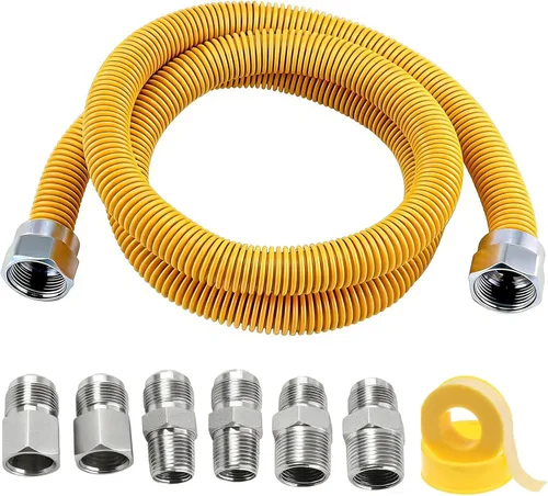 Kit de conector de gas flexible de 48 pulgadas, acero inoxidable recubierto de amarillo de 5/8 pulgadas, manguera de gas de 1/2 pulgada de diámetro