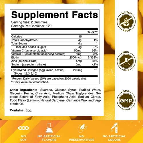 Miniatura 2 de Vitamatic Gomitas de colágeno hidrolizado con vitamina C, zinc y biotina, 200 mg - Apoyo para la piel saludable - 240 gomitas
