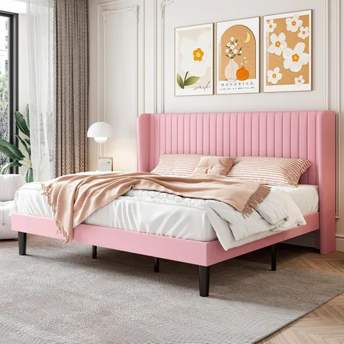 Miniatura 13 de SHA CERLIN Marco de cama de terciopelo tamaño completo con cabecera de respaldo alto con capitoné de canales verticales, cama plataforma tapizada