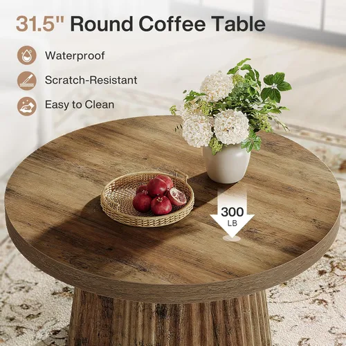 Miniatura 4 de Tribesigns - Mesa de café, mesa de café redonda pequeña de 31.5" de estilo granja con base de tambor estriada, mesa central de acento boho moderna