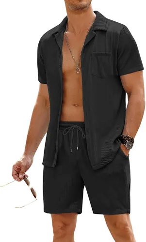 COOFANDY Conjunto de camisa de 2 piezas para hombre, manga corta, casual, con botones, hippie, pantalones cortos, conjuntos de verano a la moda para