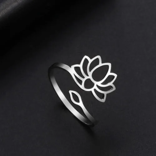 Miniatura 2 de kkjoy Anillo de yoga de flor de loto de acero inoxidable con diseño de loto ajustable, anillo de dedo abierto, regalo inspirador para mujeres