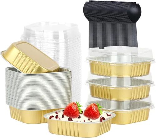 Miniatura 13 de LNYZQUS - Juego de 40 moldes de aluminio para brownies de 10 oz, ramequines desechables cuadrados de 10 cm x 10 cm con tapas, moldes pequeños