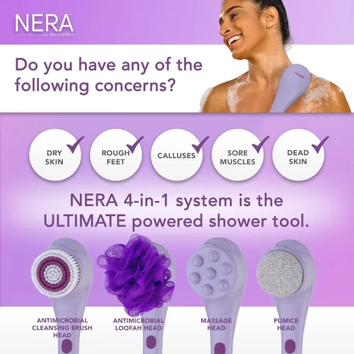 Miniatura 2 de Spa Sciences - NERA - Cepillo corporal 4 en 1 para ducha/baño para exfoliación, limpieza profunda, cuidado de pies, infusor de loción y masaje