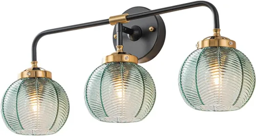 Lámpara de tocador de baño de 3 luces, luz negra de montaje en pared con pantalla de vidrio verde, aplique de pared de mediados de siglo, lámpara de