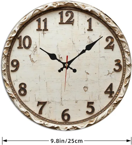 Miniatura 4 de Reloj de pared de madera envejecida blanco vintage con números tallados 9.8x9.8 in