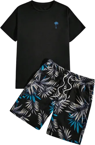 Miniatura 101 de GORGLITTER Conjunto de 2 piezas de camiseta gráfica de manga corta para hombre, estampado hawaiano con cordón y pantalones cortos