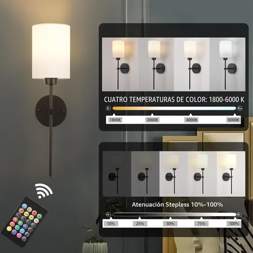 Miniatura 5 de Juego de Dos Apliques de Pared a Batería, Luz de Pared Inalámbrica Recargable con Control Remoto, Regulable, Luz Ámbar/Blanco Cálido/Blanco Negro