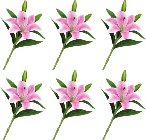 Fofetbfo 6 flores artificiales de lirio de color morado claro de 15 pulgadas con hojas verdes y tallo largo, flores de imitación de lirio de tacto