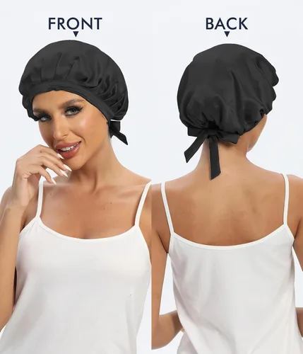 Miniatura 4 de Cocheng Gorro de seda 100% morera de doble cara con cinta ajustable, gorro de seda de 19 momme para dormir (rosa frijol)