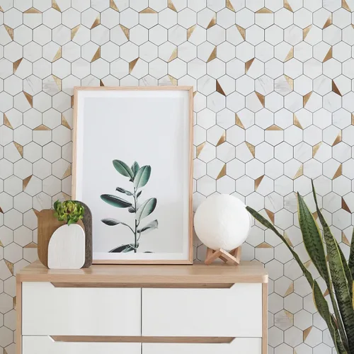 Miniatura 2 de Azulejo de Salpicadero Hexagonal de 20 Hojas Despegar y Pegar, 12x12 pulgadas Carla Blanco Metal Mixto Azulejos de Pared PVC 3D Adhesivos para Carla