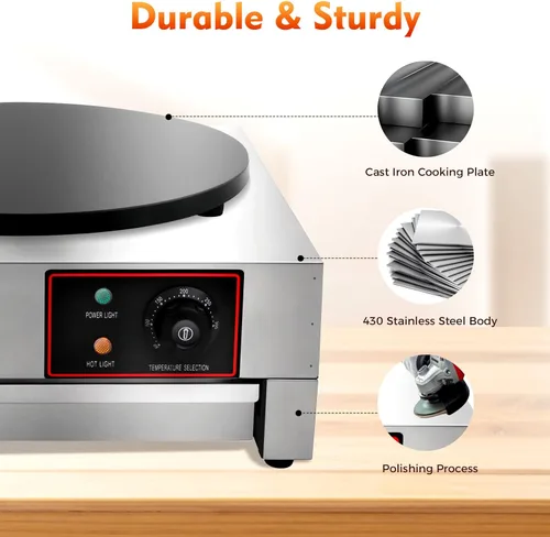 Miniatura 7 de Máquina eléctrica de crepé, máquina antiadherente de 16 pulgadas y 1700 W, plancha de crepes de placa plana comercial con luces indicadoras LED