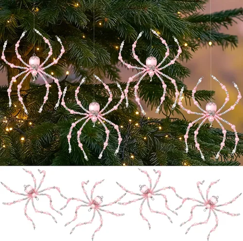 Miniatura 9 de Reallnaive 8 piezas de adornos de araña de Halloween en blanco y negro con cuentas, adornos colgantes para decoración de Halloween, regalo