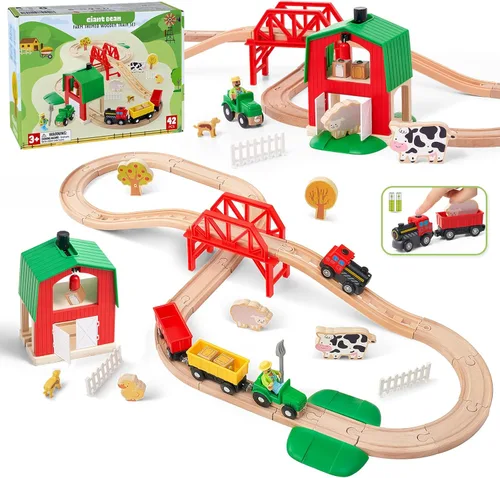 Giant bean Juego de tren de granja de madera de 42 piezas para niños pequeños, tren que funciona con pilas, vía de tren con puente, granero, Juego
