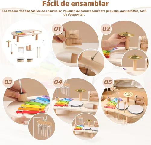 Miniatura 6 de Juego de batería de madera para niños pequeños de 1 a 3 años, instrumentos de percusión musical para niños, juego de batería para bebés, xilófono