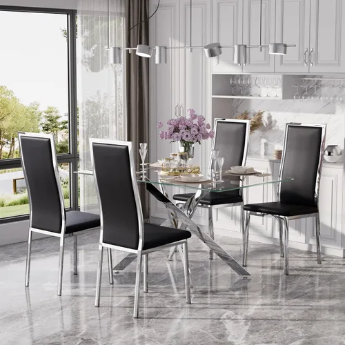 Miniatura 10 de Juego de mesa de comedor de cristal dorado moderno de 63 pulgadas para 6, juego de mesa de cocina rectangular de 7 piezas con patas de acero Negro