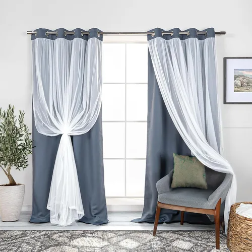 Miniatura 35 de Best Home Fashion Juego de 2 paneles de ventana de tul de encaje con aislamiento térmico y ojales de níquel de acero inoxidable para dormitorio