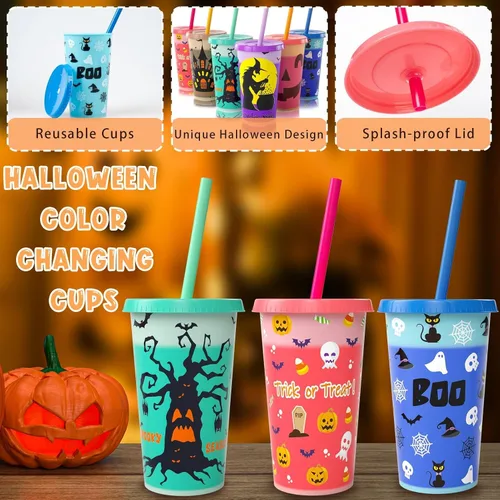 Miniatura 2 de OOINQQ Vasos que cambian de color de Halloween para niños, 6 vasos de plástico de 12 onzas con tapa y popote en 6 colores para café, té, bebidas