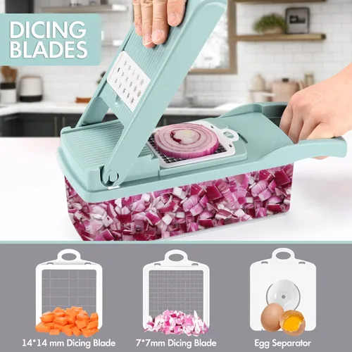 Miniatura 2 de Ourokhome - Cortador de mandolina para verduras, 7 cuchillas, práctico triturador de cebolla con separador de huevos y colador para cocina, Azul