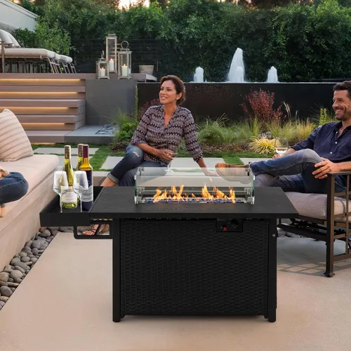 Miniatura 2 de Tangkula Mesa para fogata de propano para patio, fogata de gas de mimbre de 52 pulgadas con protector contra el viento y estante extendido, salida