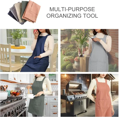 Miniatura 6 de ELEZAY Delantales para mujer con bolsillos, talla grande, cómodo, espalda cruzada, sin lazo, delantal de lino y algodón Verde