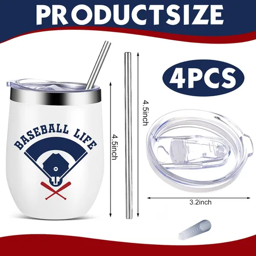 Miniatura 2 de Mifoci 4 vasos de béisbol de 12 onzas con aislamiento térmico de acero inoxidable con popote y tapa, taza de café de viaje para mujeres, hombres