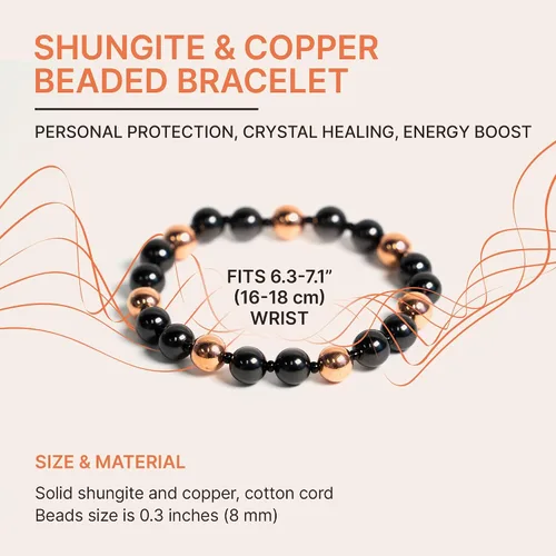 Miniatura 2 de Karelian Heritage Shungite Stones Elastic Stretchy Bracelet with opper Plated Beads Authetic Shungite Crystal Jewelry Protective Powerful Defender