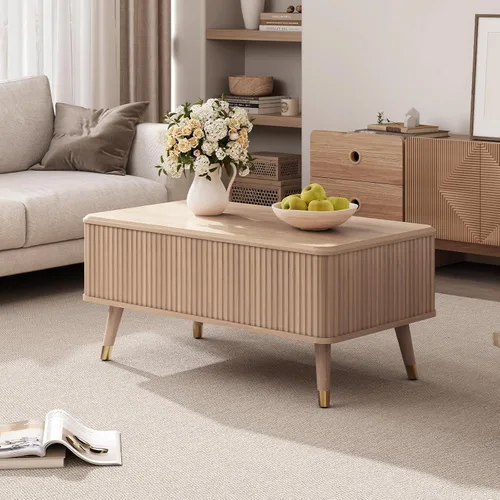 Miniatura 3 de Mesa de centro elevable con almacenamiento, mesa de centro moderna de mediados de siglo con patas de madera maciza, mesa central minimalista Roble