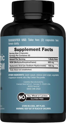 Miniatura 3 de NeoCell Ácido hialurónico con MSM 1000mg 120 Cápsulas Suplemento de fórmula avanzada Ingredientes clínicamente estudiados