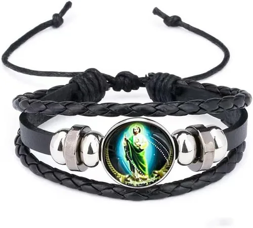 rgwtgkyh Pulseras de San Judas para mujeres y hombres, pulsera de Virgen María Jesús hijo, pulsera vintage de cuero tejido a mano negro marrón