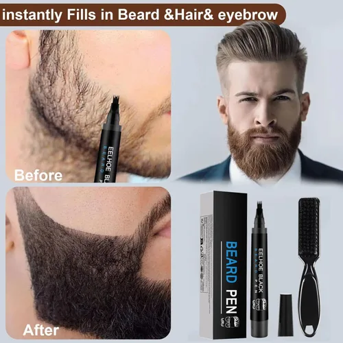 Miniatura 6 de Kit de relleno de barba impermeable para hombres, lápiz, bolígrafo, marcador de oscurecimiento con acabado natural para barba, bigote y cejas, Negro
