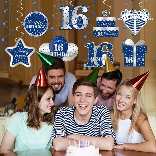 Miniatura 6 de Decoraciones colgantes de 16 cumpleaños azul y plateado para niños, 16 piezas de feliz cumpleaños de 16 años, suministros de fiesta de remolinos
