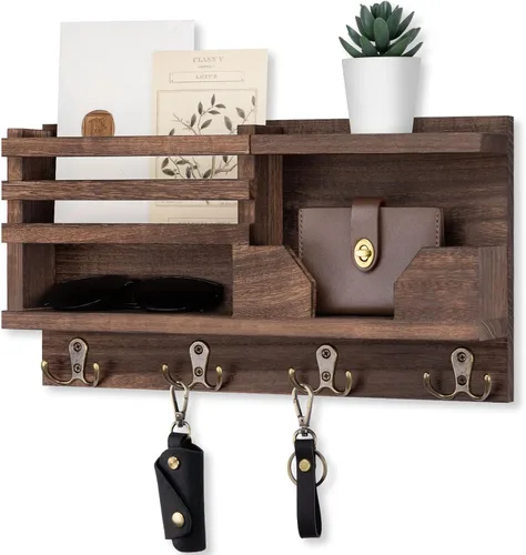 Miniatura 10 de Lwenki Organizador de Correo y Llavero para Pared - Organizador Decorativo de Entrada de 15.9" x 8.7" x 3.2" con Estante - Madera de Paulownia con 4