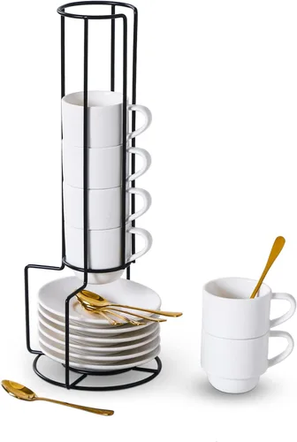 Lareina Tazas de Espresso Apilables de Porcelana con Platillos, Cucharas y Soporte de Metal, Tazas de Café Pequeñas de 3 Onzas, Juego de 6 - Tazas