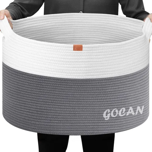 Miniatura 14 de GOCAN Cesta de almacenamiento extragrande para lavandería, 22 x 22 x 14 pulgadas, cesta tejida de cuerda de algodón para manta con asas para sala