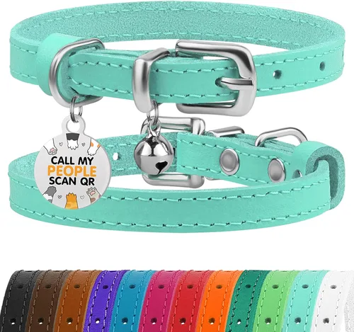 Miniatura 10 de BRONZEDOG Collar de cuero para gato con campanas extraíbles sin liberación rápida, etiqueta QR para gatito para niña y niño